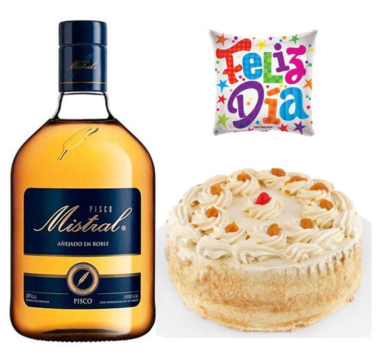 Pisco Mistral 750cc, Torta del Dia 15 personas y Globito